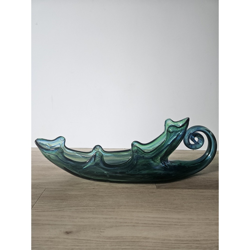 Vintage MCM Murano Style Art Glass Gondola Bowl Green Blue Swirl Centerpiece 17"